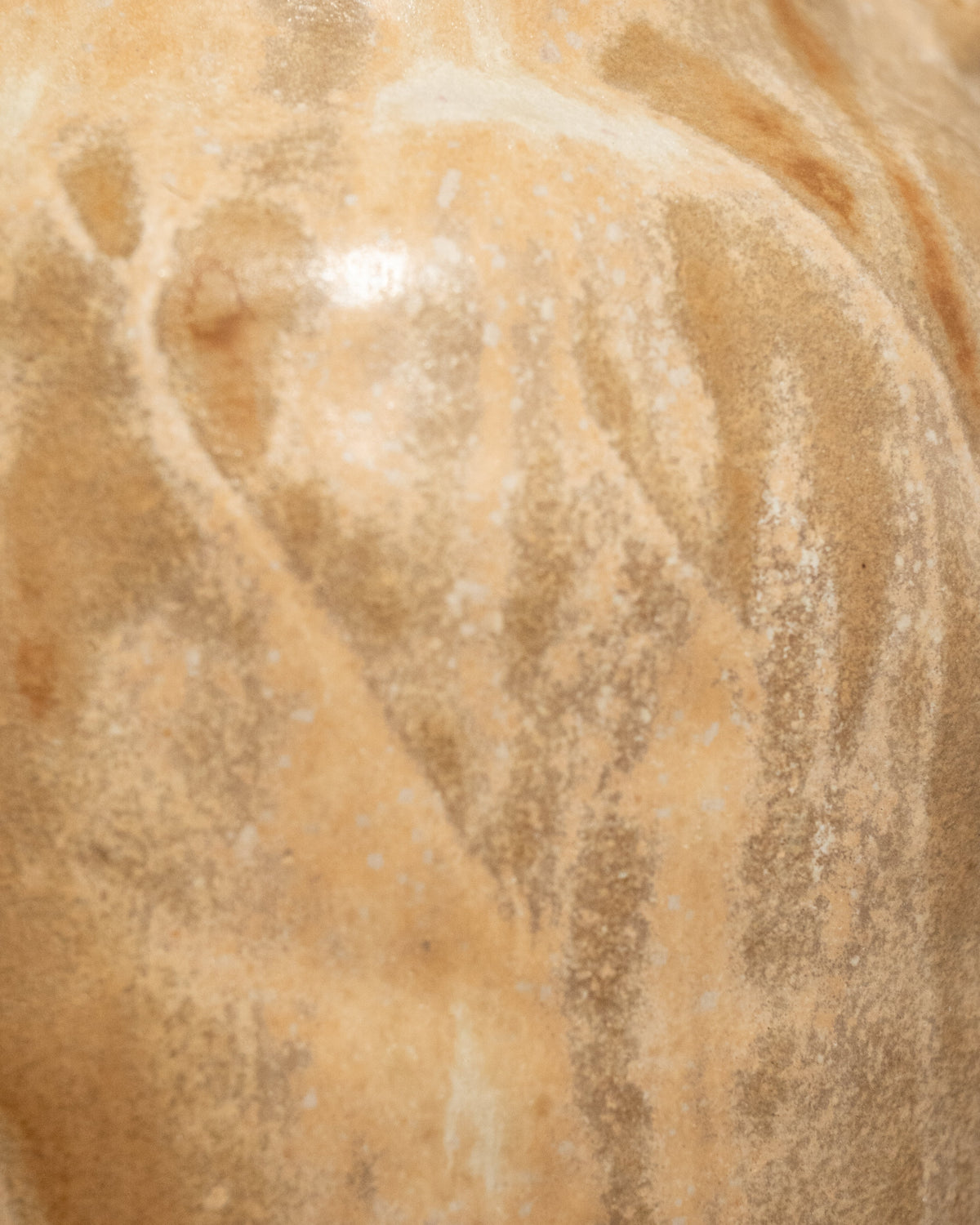 Close-up of a textured beige and tan surface with a glossy finish, showing marbled or stone-like variation in color.
