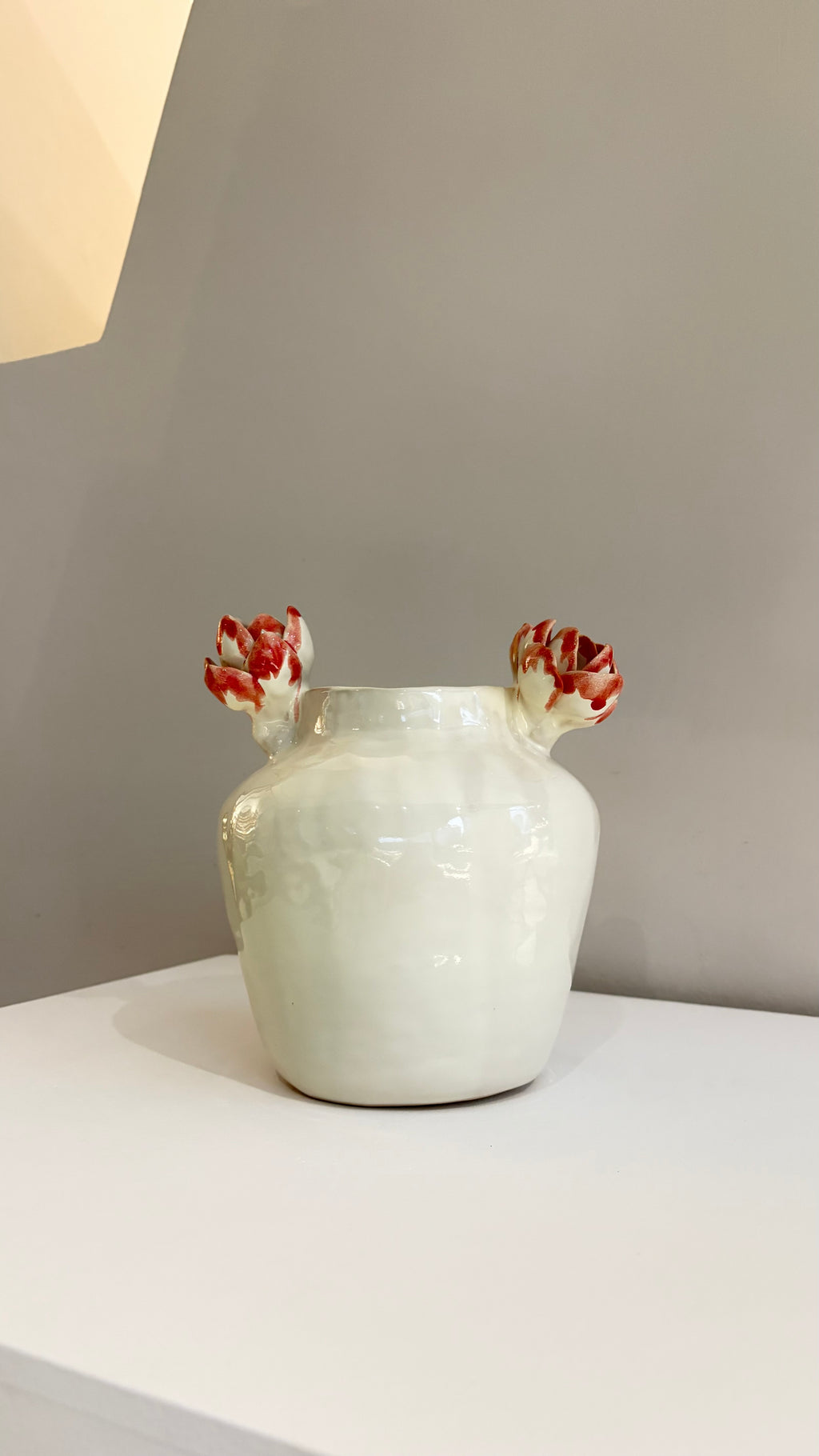Stoneware Vase with Sculpted Red Flowers